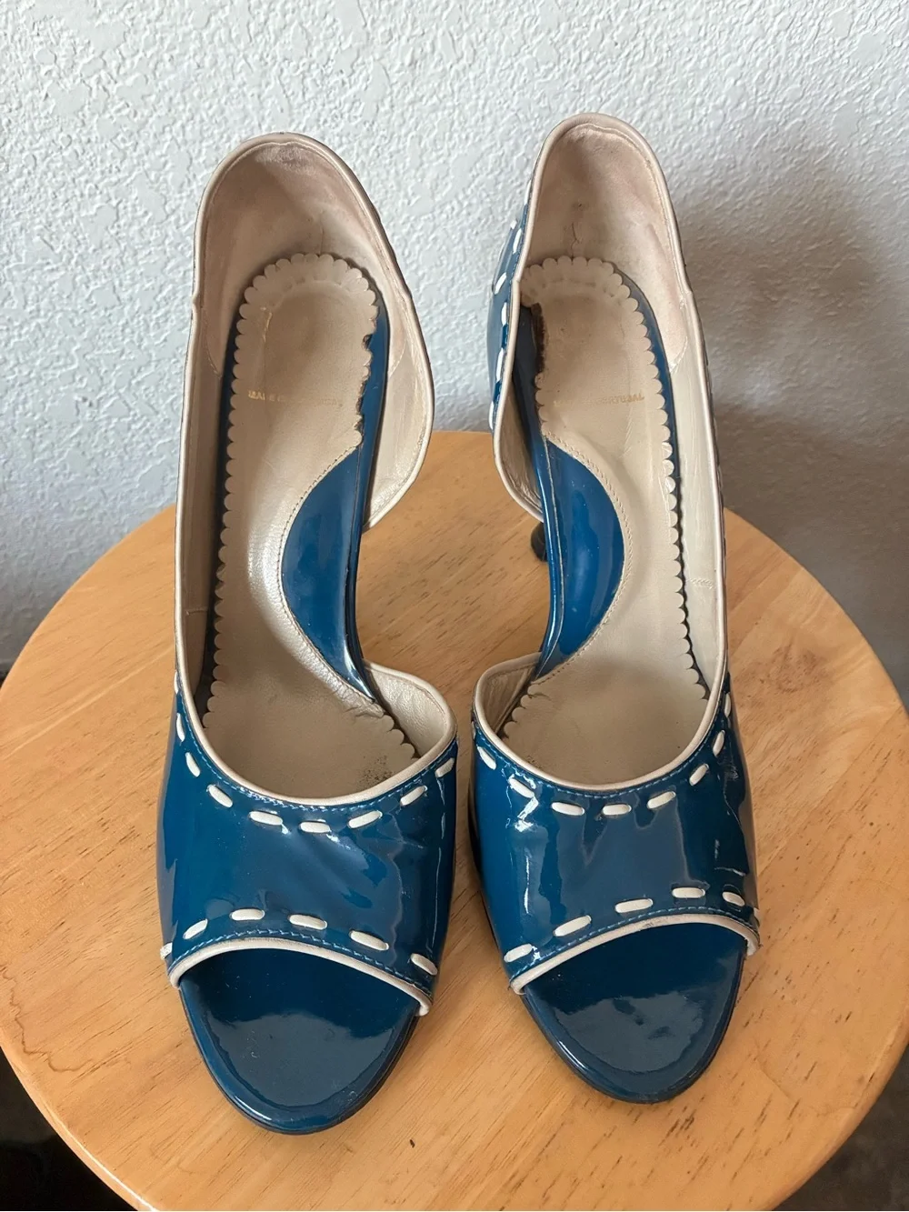 John Fluevog Hepburn Peep-Toe Heels with Black Flared Heels